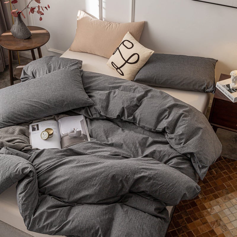 Janlive Washed Cotton Duvet Cover Oueen Ultra Soft 100% Cotton Solid Color Gray Duvet Cover Set with Zipper Closure -3 Pieces Grey Queen - Image 3